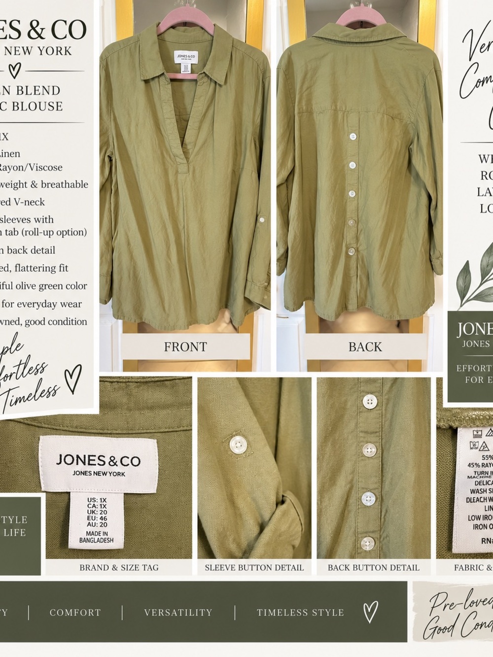 Jones New York Olive Green V-Neck Button-Back Blouse